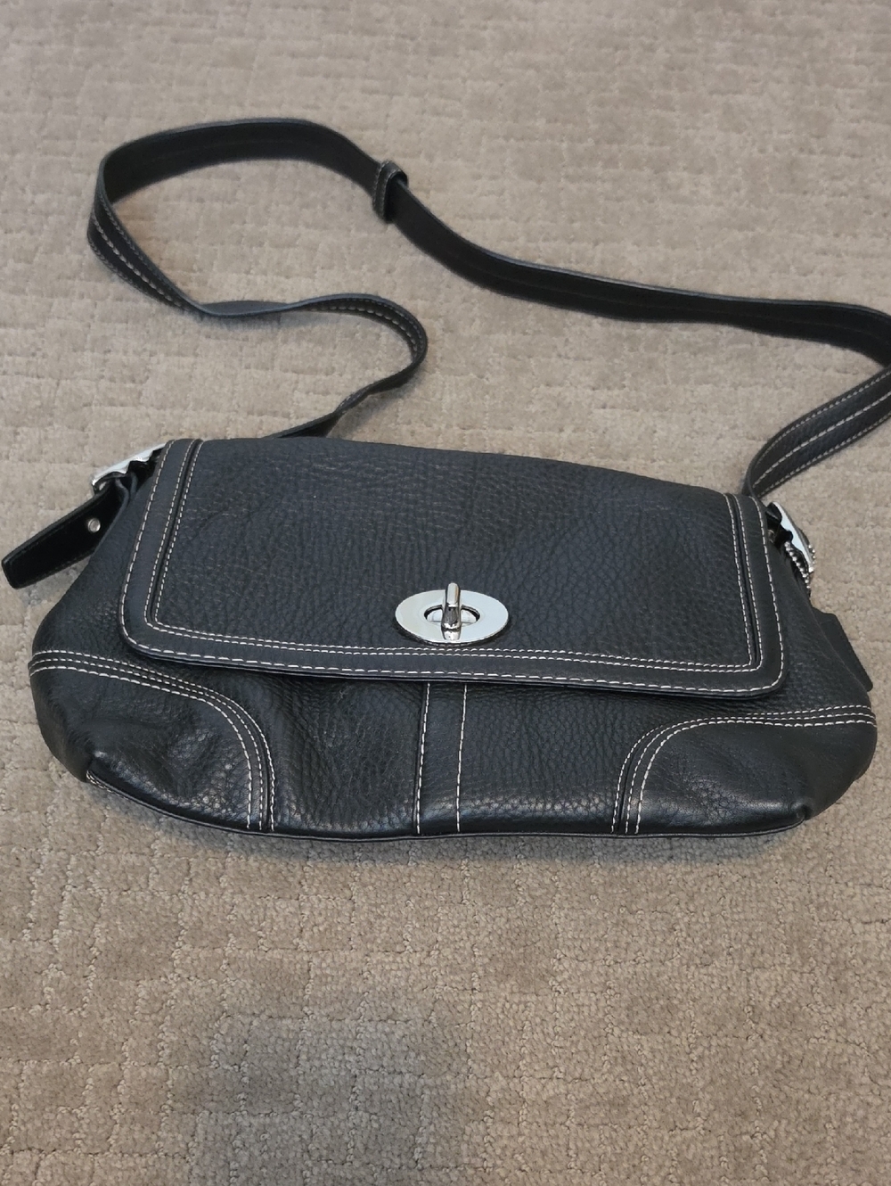 Black Pebbled Leather Crossbody with Silver Turn-Lock